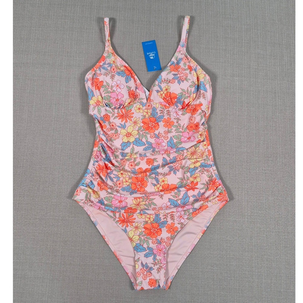 CUPSHE Pink Floral Ruched Tummy Control One Piece Swimsuit V-Neck Size M New